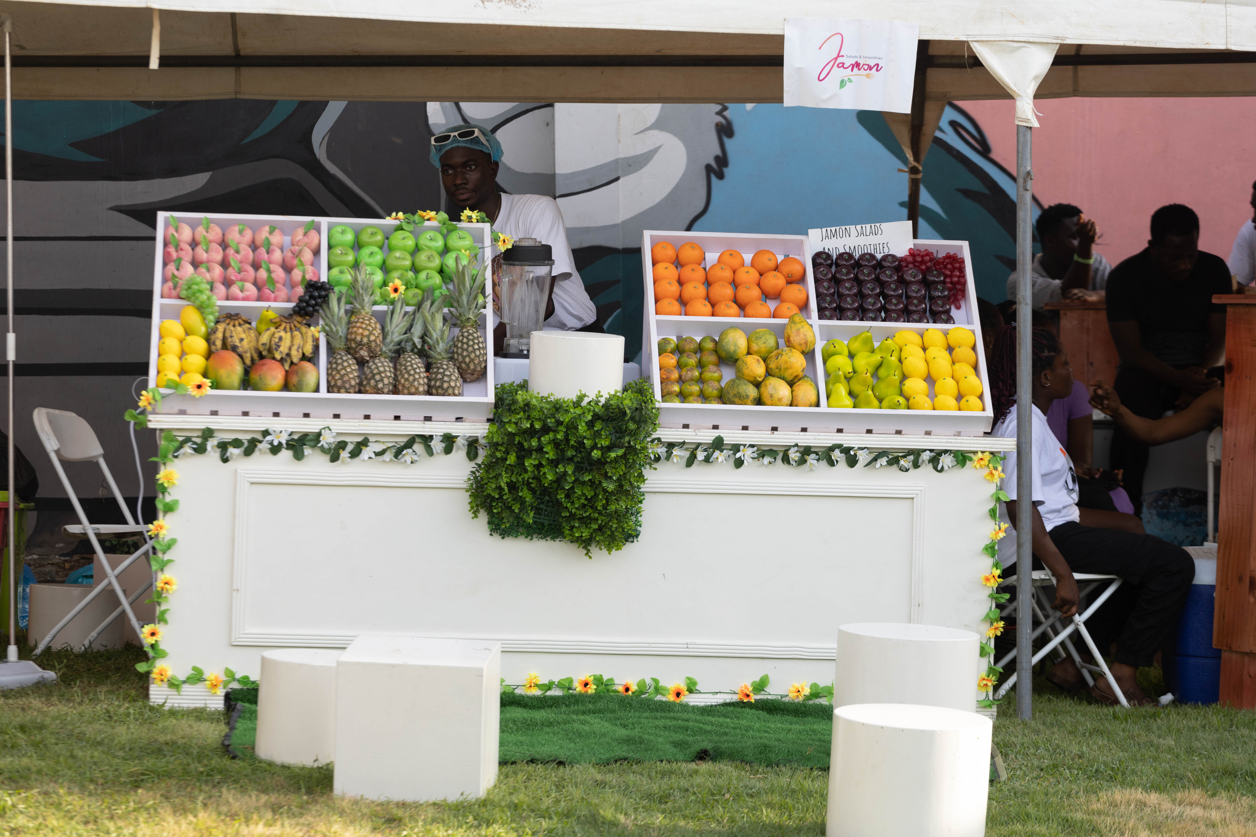 Vendor stall with fresh fruits and vegetables
